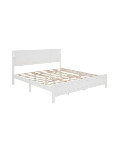 Clihome King Size Bed with Tall-Panel Headboard and Footboard, Built-in Led Lights, Usb Charging Station