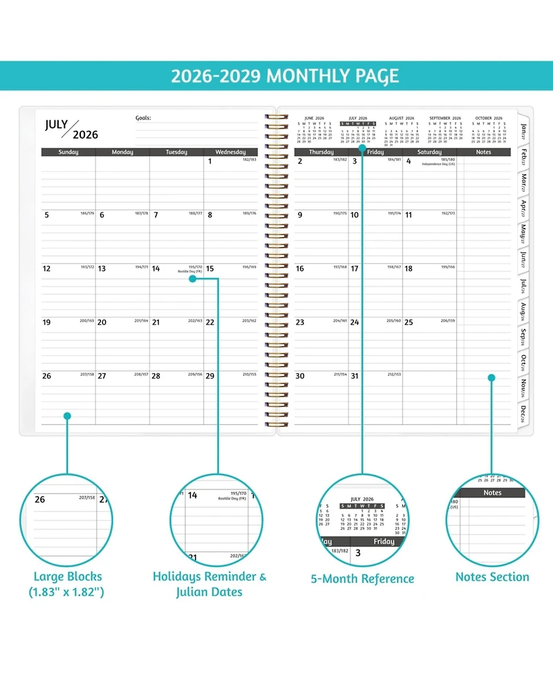 Gnuadz Monthly Planner 2026-2029 Spiral Wirebound Pocket Tabs Notes Habit
