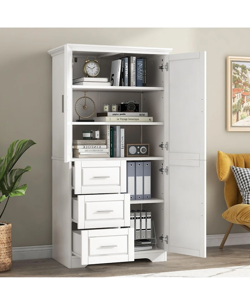 Bubsdays Tall Wide Storage Cabinet with Doors and Three Drawers for Bathroom Office