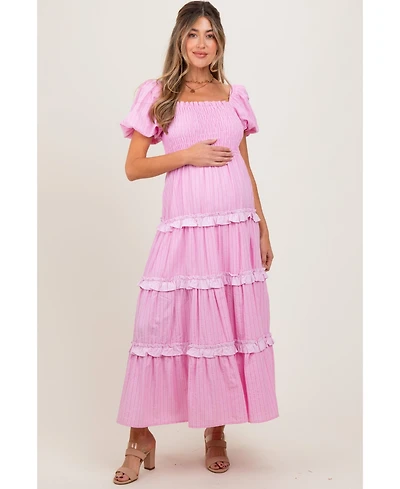 Pinkblush Maternity Pink Smocked Ruffle Tiered Puff Sleeve Maxi Dress
