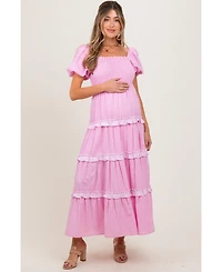 Pinkblush Maternity Pink Smocked Ruffle Tiered Puff Sleeve Maxi Dress