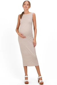 Pinkblush Maternity Mocha Striped Boat Neck Sleeveless Midi Dress