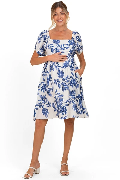 Pinkblush Maternity Blue Floral Puff Sleeve Dress