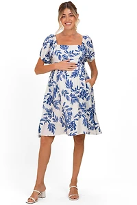 Pinkblush Maternity Blue Floral Puff Sleeve Dress