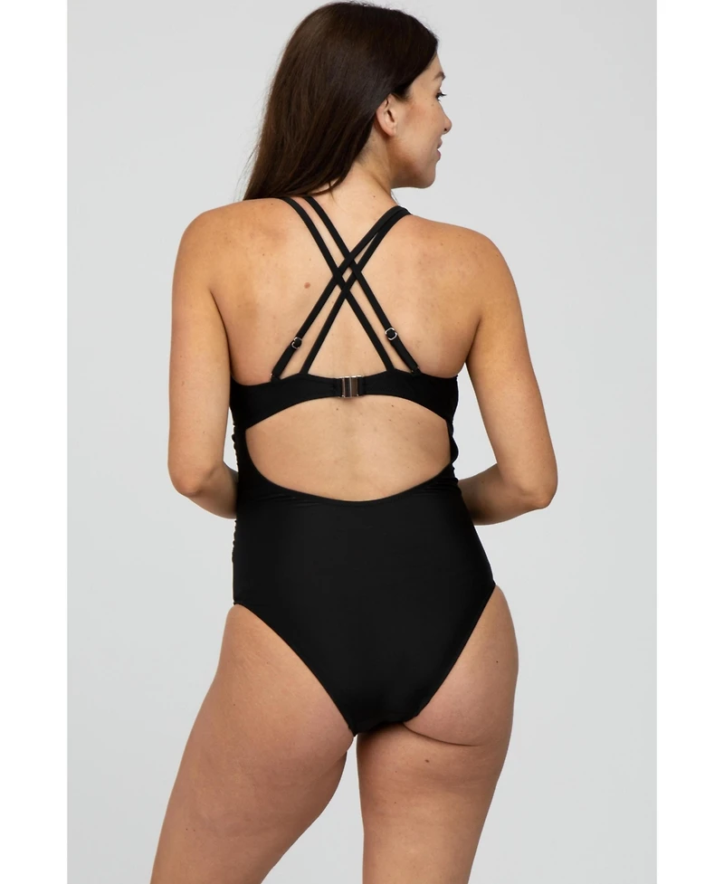 Pinkblush Maternity Black Ruched Side Strappy Cross Back One Piece Swimsuit