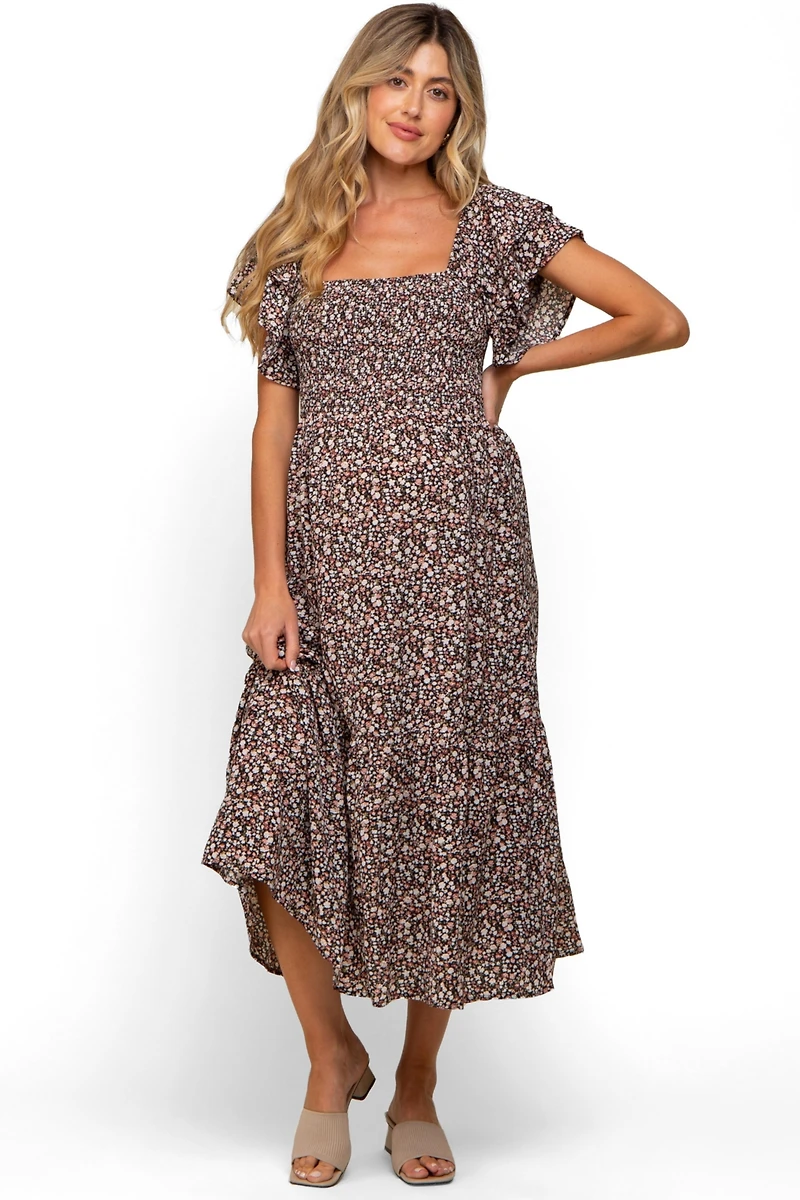 Pinkblush Maternity Cream Floral Flutter Midi Dress