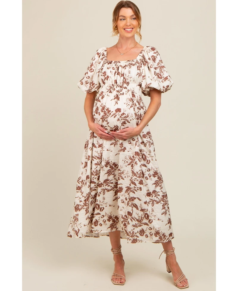 Pinkblush Maternity Teal Floral Puff Sleeve Midi Dress