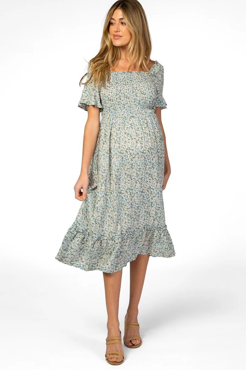 Pinkblush Maternity Light Blue Floral Ruffle Midi Dress