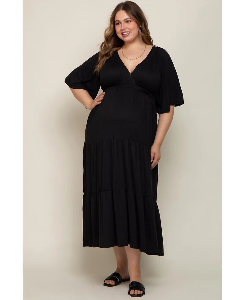 Pinkblush Plus Size Black Deep V-Neck Tiered Maxi Dress