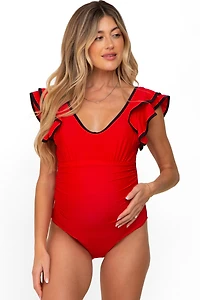 Pinkblush Maternity Red Color Blocked Ruffle Shoulder Cutout Back One Piece Swimsuit