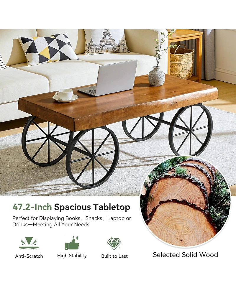 Tribesigns Solid Wood Coffee Table for Living Room, 47.2" Industrial Center Table with Live Edge Tabletop and Metal Wheel Legs