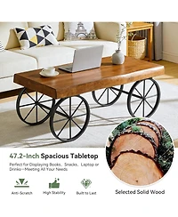 Tribesigns Solid Wood Coffee Table for Living Room, 47.2" Industrial Center Table with Live Edge Tabletop and Metal Wheel Legs