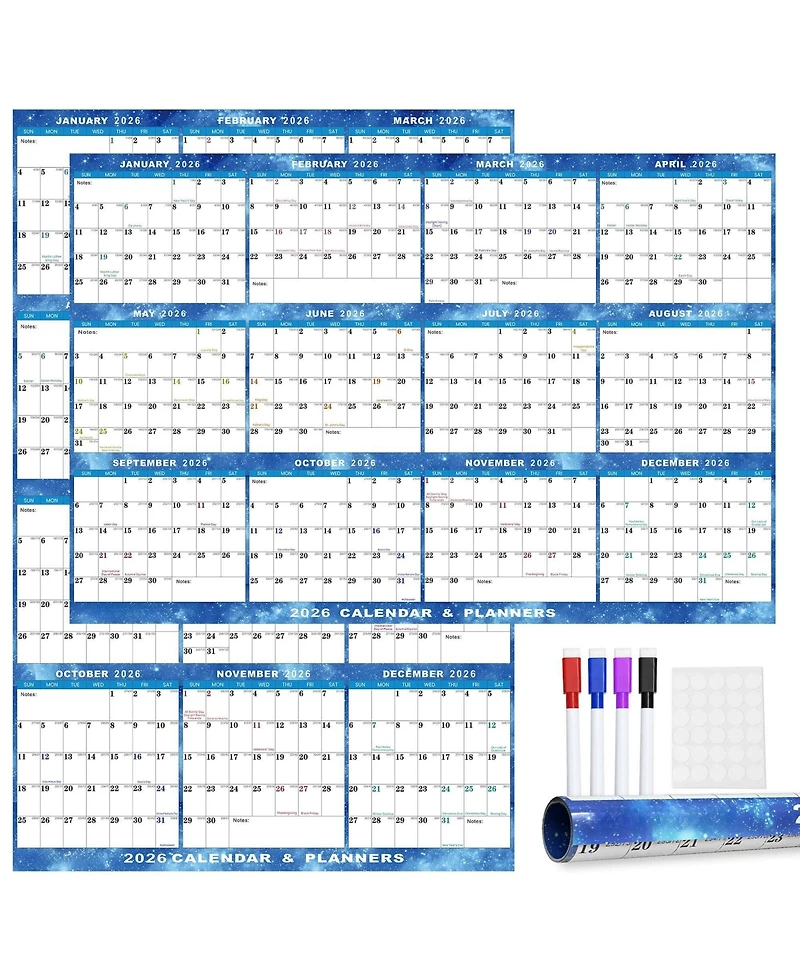 Gnuadz 2026 Wall Calendar Erasable Starry Sky Wet Dry Erase Large Laminated Annual Yearly Planner