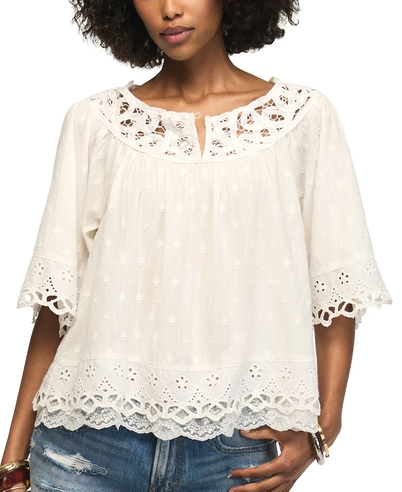 Lucky Brand Women's Notch Neck Lace Detail Top