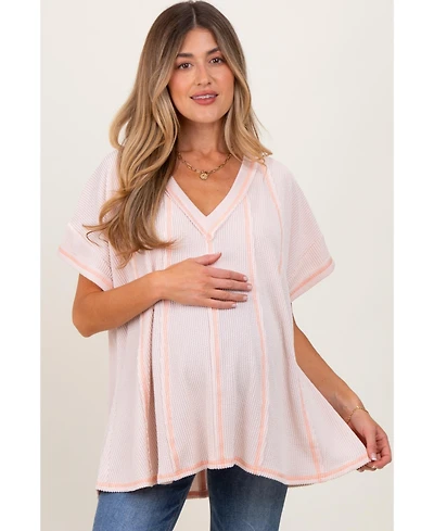 Pinkblush Maternity Peach Striped Ribbed V-Neck Oversized Short Sleeve Top