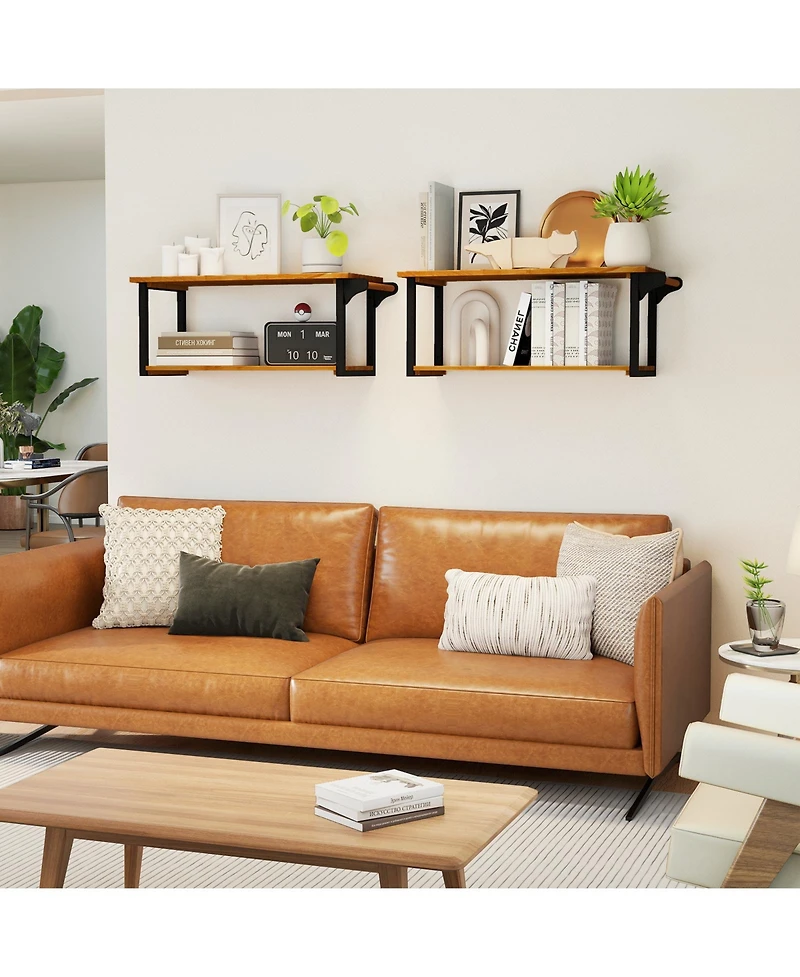 sumyeg Teak Wood Wall Mounted Floating Shelves with Integrated Towel Bar