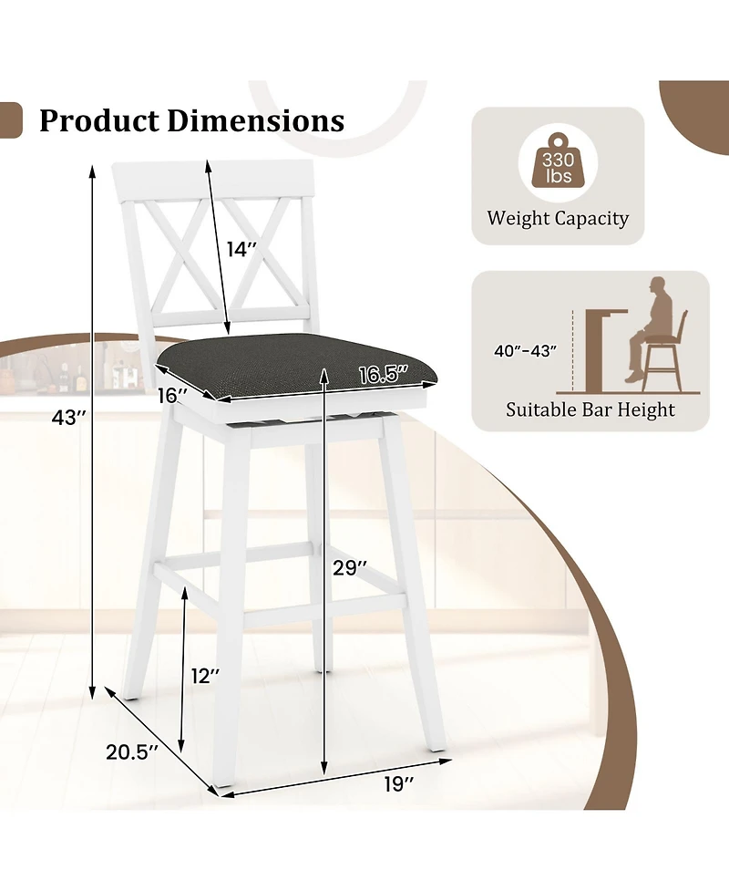 Sugift 29 Inches Set of 2 Swivel Bar Stools Counter Height Barstools with Backrest Upholstered Seat Cushion