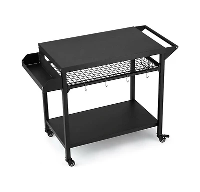 Xo Outdoor Rolling Bbq Grill Cart, 2-Tier Metal Prep Table, Lockable Wheels, Side Mesh Shelf for Patio Backyard