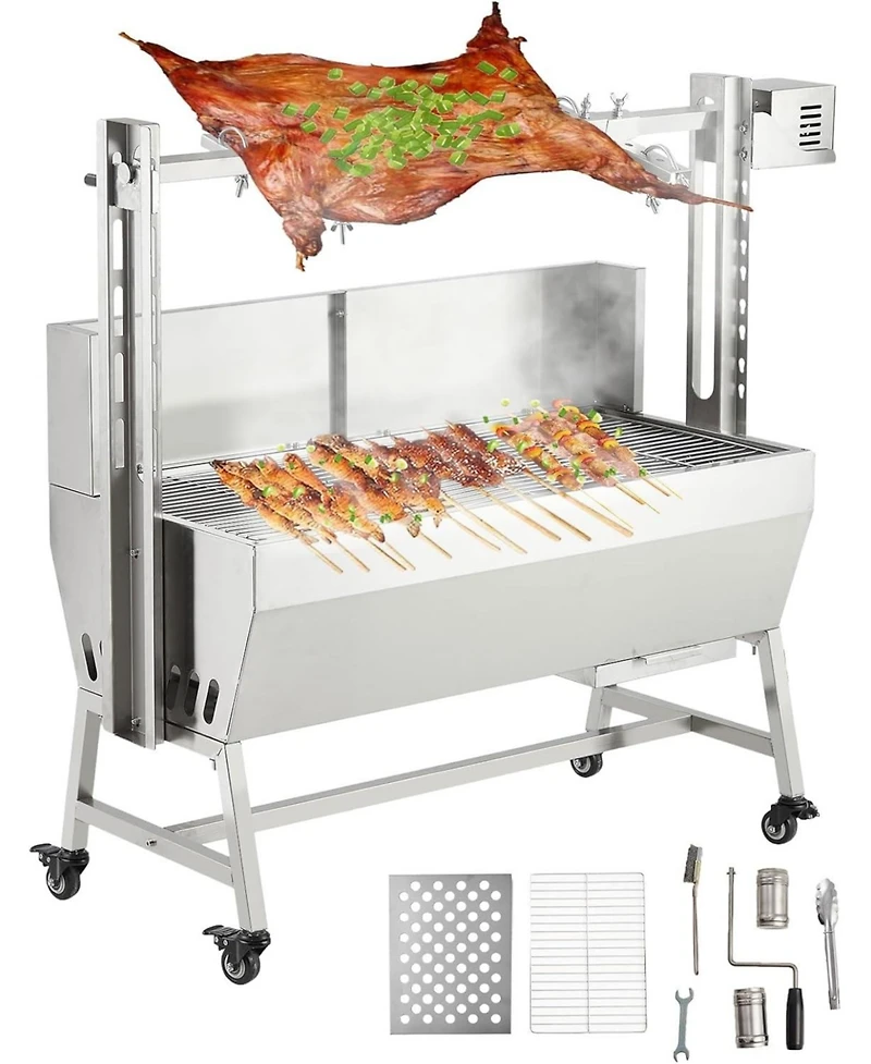 Xo 37" Stainless Steel Rotisserie Grill, Windscreen, 132 lb Capacity, Electric Motor Pig Lamb Chicken Roaster