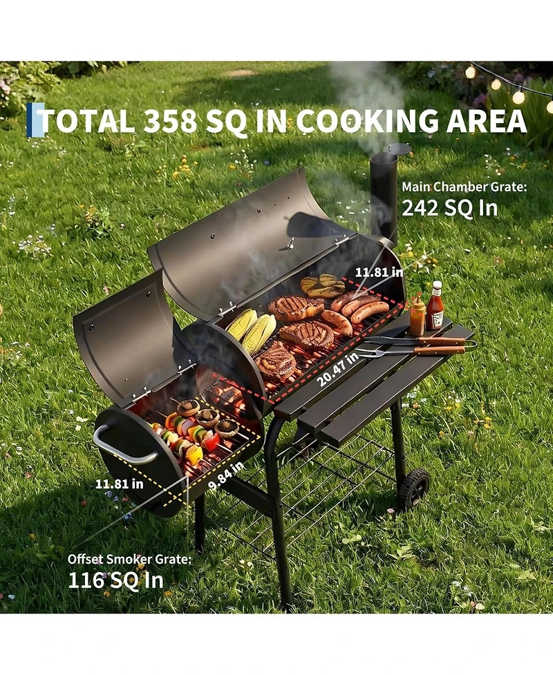Xo Charcoal Grill with Offset Smoker, Barrel Bbq Smoker Combo with Wheels for Patio Camping Party