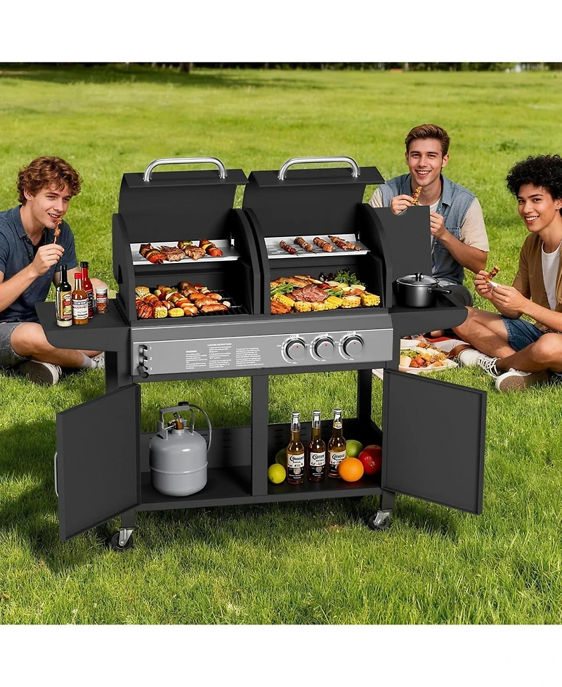 Xo Propane Gas and Charcoal Grill Combo, 3 Burner Dual Fuel Bbq with Side Burner, Wheels Cabinet