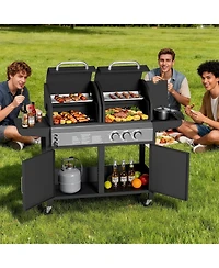 Xo Propane Gas and Charcoal Grill Combo, 3 Burner Dual Fuel Bbq with Side Burner, Wheels Cabinet
