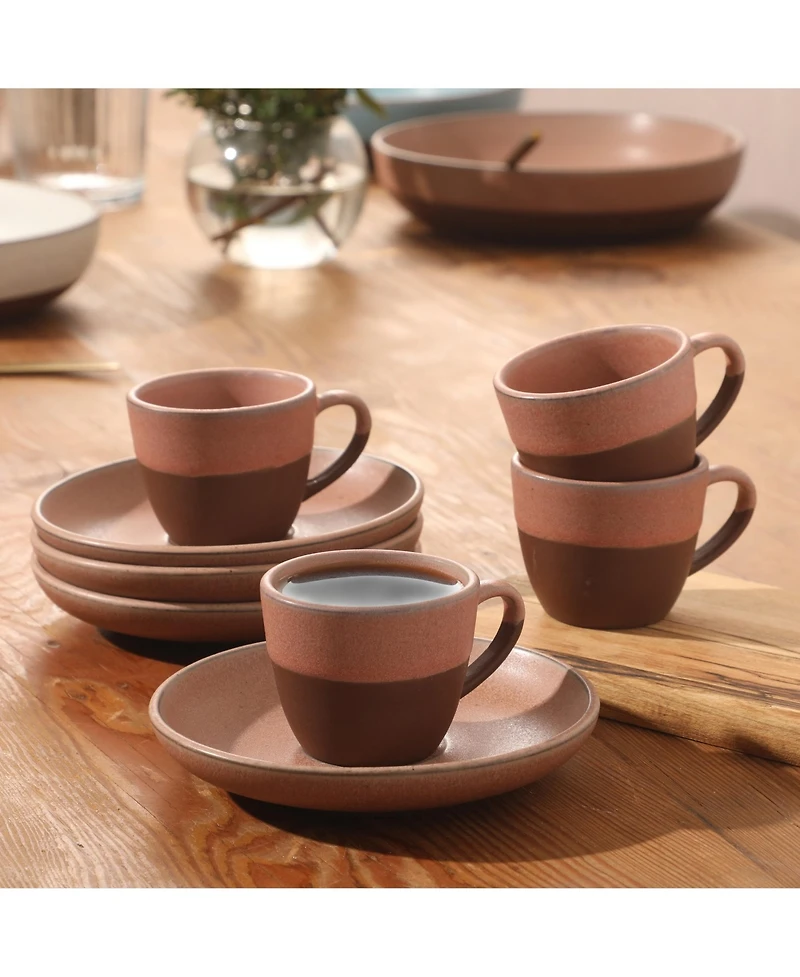 Gibson Home William Crest 8 Piece Cup and Saucer Set, 4 pieces 3.5oz Stoneware Cups and 4 pieces 5.5" Saucers, Reactive Coffee