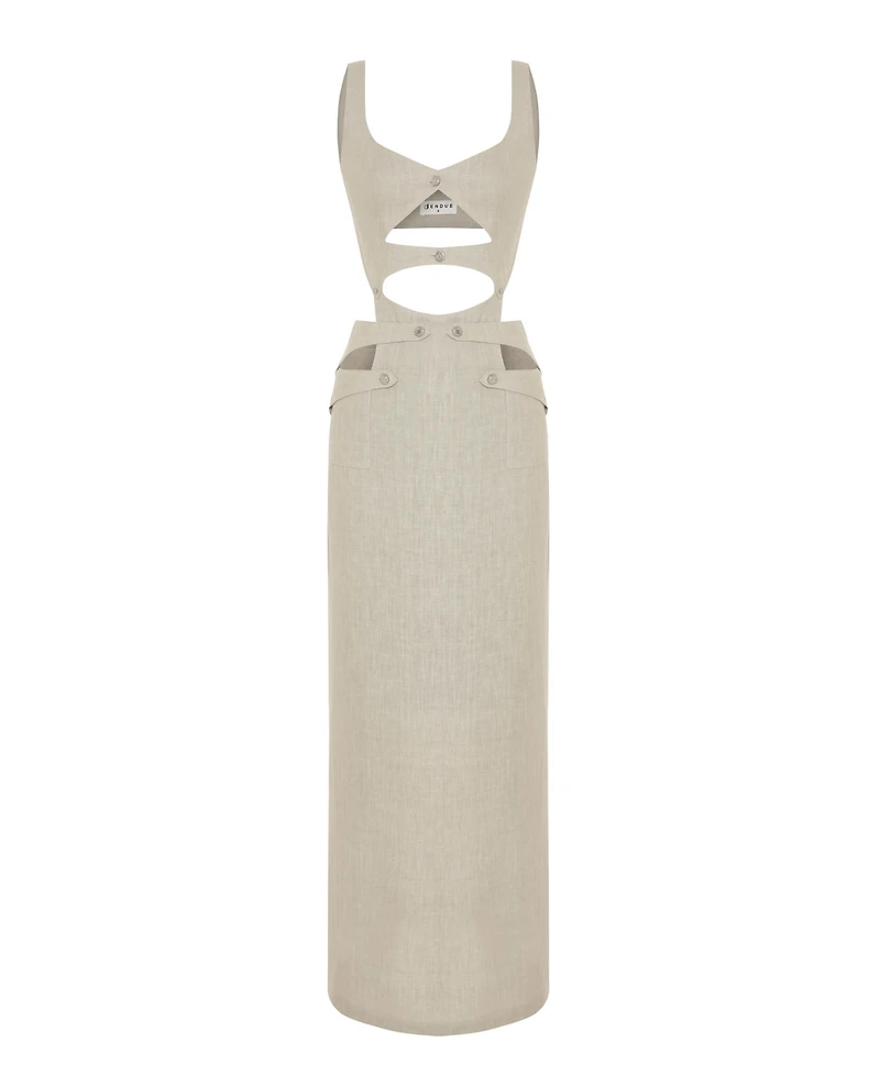 Jendue Women's Noe Linen Dress - Cut-Out Maxi with Button Detail