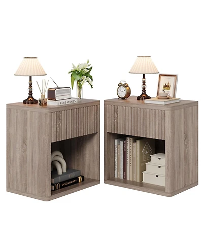 homfan Set of 2 Minimalist Nightstands with Drawer and Storage Shelf, Fluted Panel Modern End Table for Living Room and Bedroom