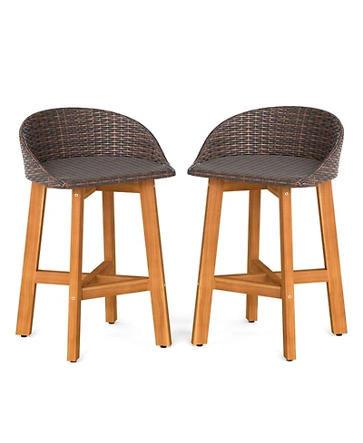 Costway Outdoor Faux Rattan Bar Chairs Solid Acacia Wood Bar Stools for Porch