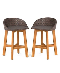 Costway Outdoor Faux Rattan Bar Chairs Solid Acacia Wood Bar Stools for Porch