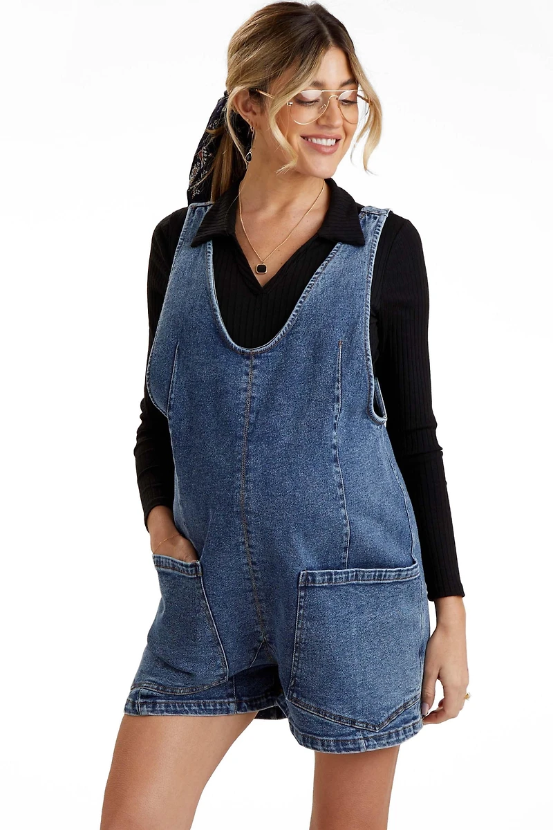 Pinkblush Maternity Light Blue Denim Scoop Neck Short Overall