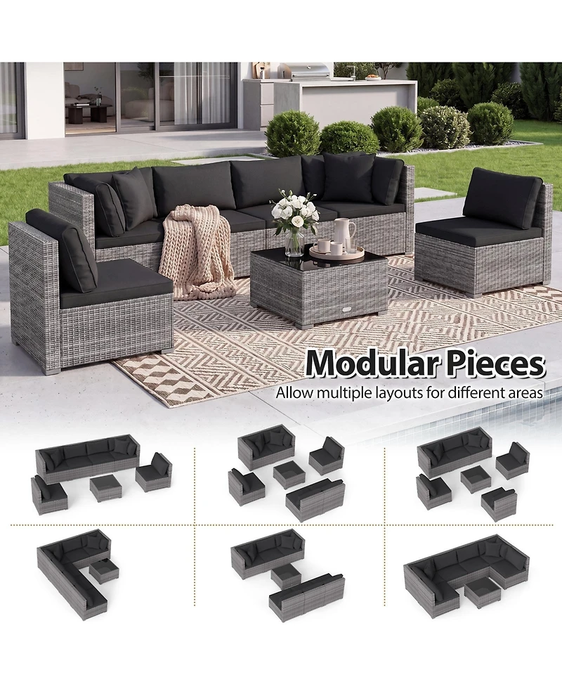 7PCS Patio Rattan Furniture Set Sectional Sofa Cushioned Garden