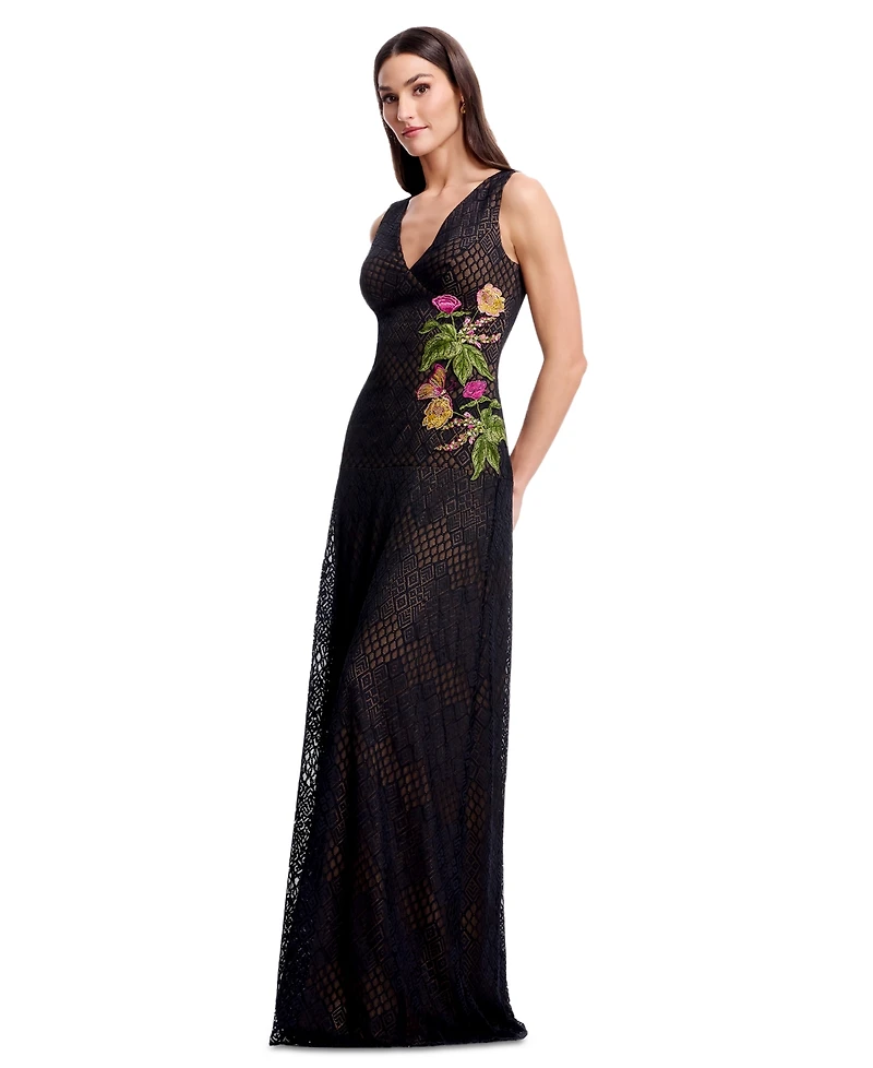 Dress the Population Women's Floral Applique Detail Sleeveless Gown