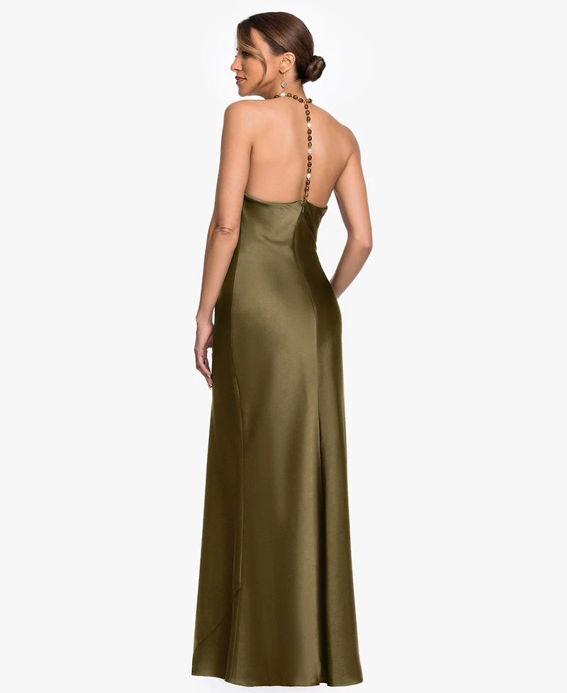 Betsy & Adam Women's Cowl Neck Beaded Straps Column Gown