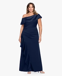 Betsy & Adam Plus Asymmetrical Off-The-Shoulder Ball Gown