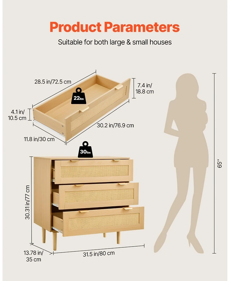 Gouun Drawer Rattan Dresser with Metal Handles and Wooden Legs