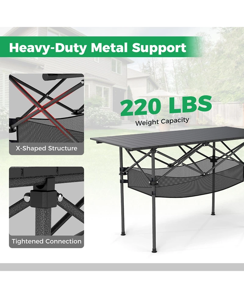 Sugift Patio Folding Camping Table with Roll-up Tabletop and Mesh Basket