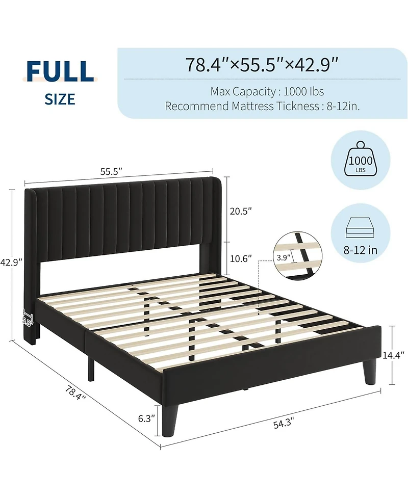 gaomon Size Upholstered Platform Bed Frame with Vertical Channel Tufted Wingback Headboard, Strong Wooden Slats Support