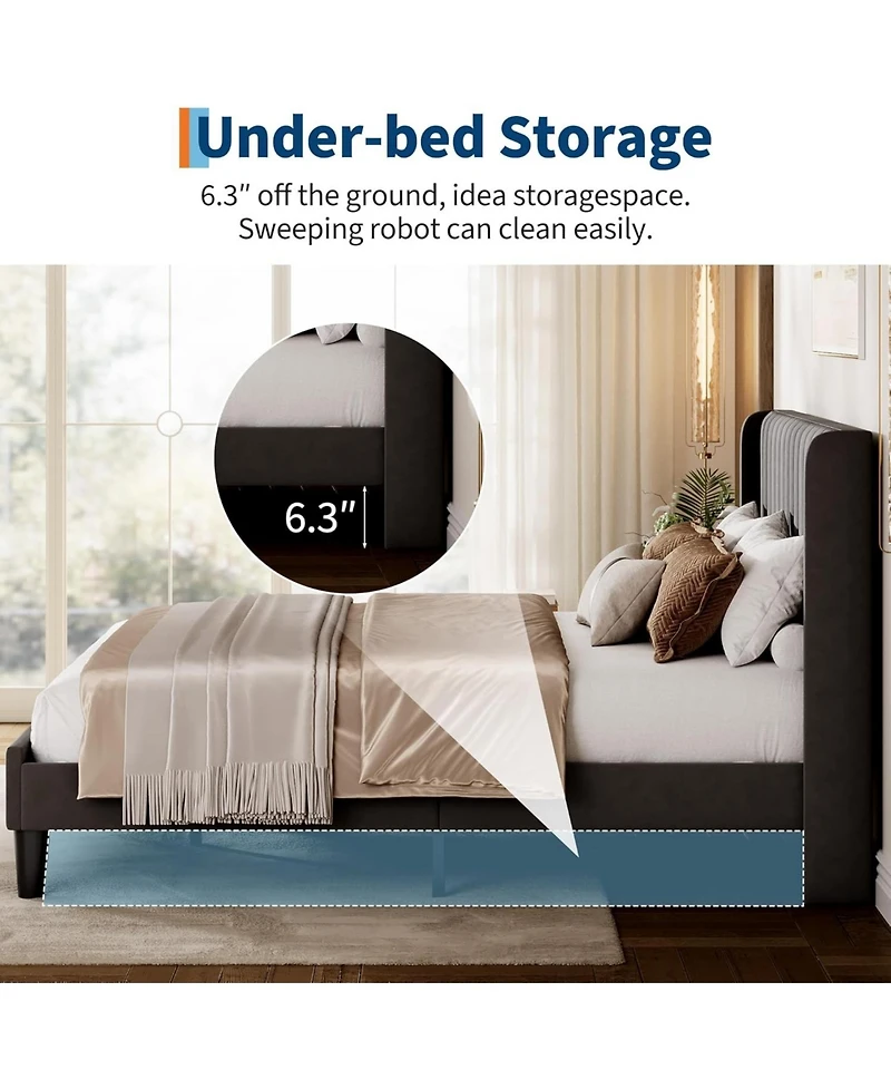 gaomon Size Upholstered Platform Bed Frame with Vertical Channel Tufted Wingback Headboard, Strong Wooden Slats Support