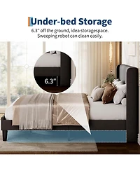 gaomon Size Upholstered Platform Bed Frame with Vertical Channel Tufted Wingback Headboard, Strong Wooden Slats Support