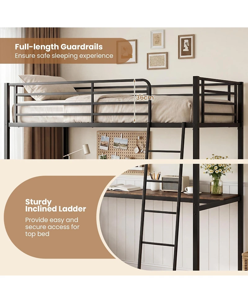 Costway Loft Bed with Desk and Shelves, Heavy Duty Bed Frame with Charging Station