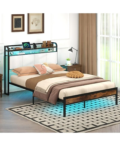 Gymax Full Size Bed Frame Led Light and Charging Station Heavy Duty Metal Platform Bed