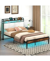 Gymax Full Size Bed Frame Led Light and Charging Station Heavy Duty Metal Platform Bed