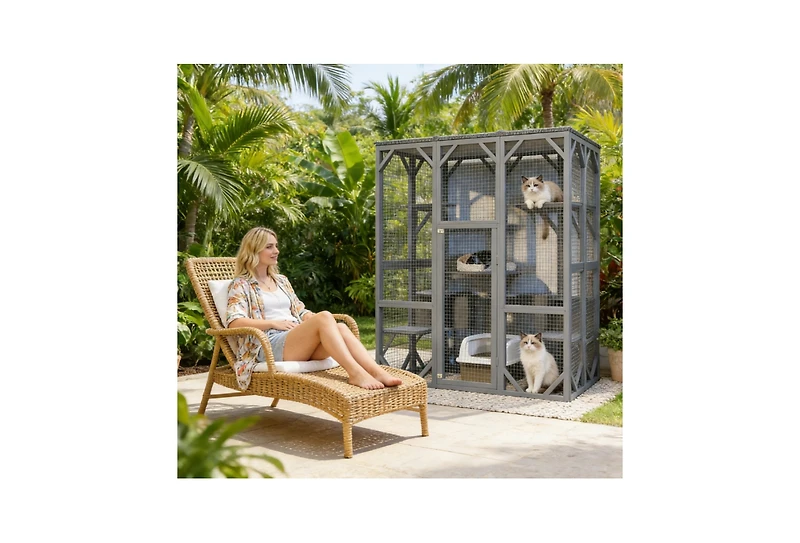 Zeus & Ruta Outdoor Cat Enclosure with 71 Inch Large Size 3 Tier Design 6 Platforms Waterproof Roof