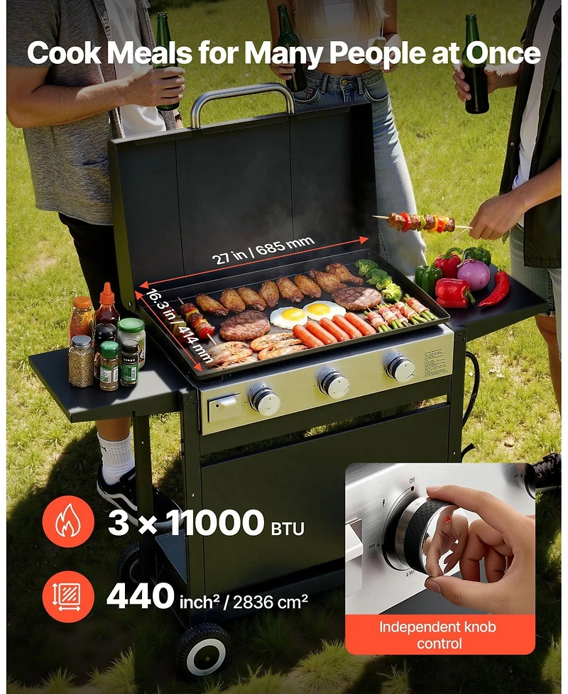 Mecale 3-Burner Propane Gas Griddle, 33,000 Btu, Wheels and Lid, Pulse Ignition, Removable Top, Outdoor