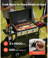 Mecale 3-Burner Propane Gas Griddle, 33,000 Btu, Wheels and Lid, Pulse Ignition, Removable Top, Outdoor