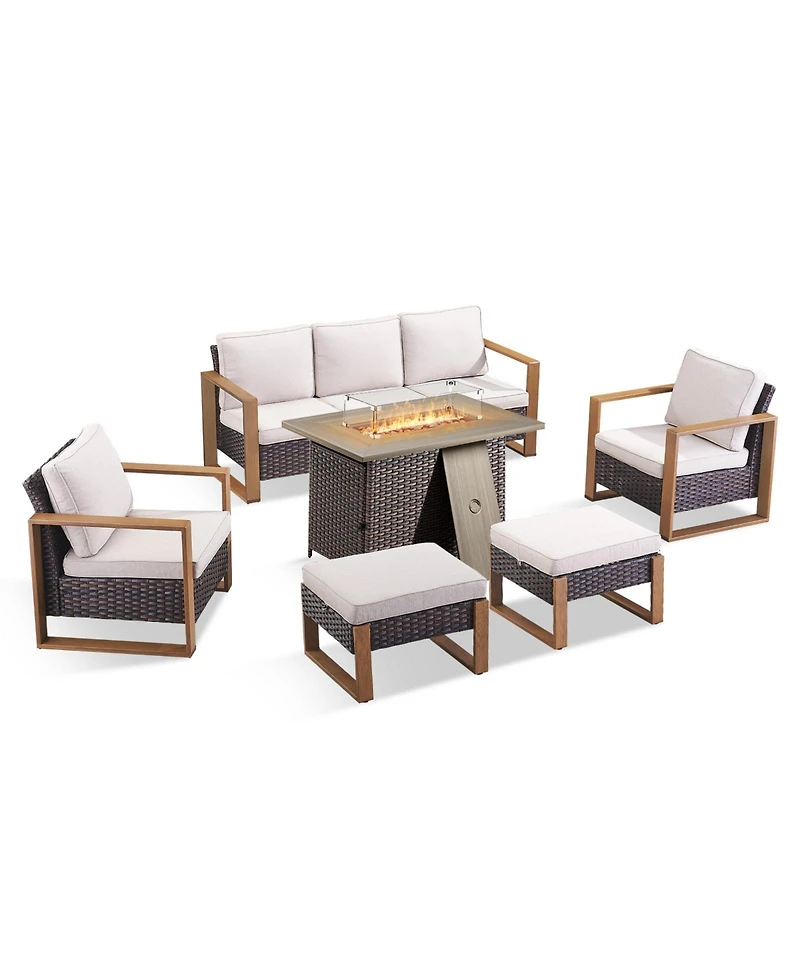 Pocassy Pieces Patio Furniture Set with Fire Pit Table, Conversation Wicker Chair Sofa Ottoman Rectangular Table