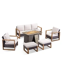 Pocassy Pieces Patio Furniture Set with Fire Pit Table, Conversation Wicker Chair Sofa Ottoman Rectangular Table
