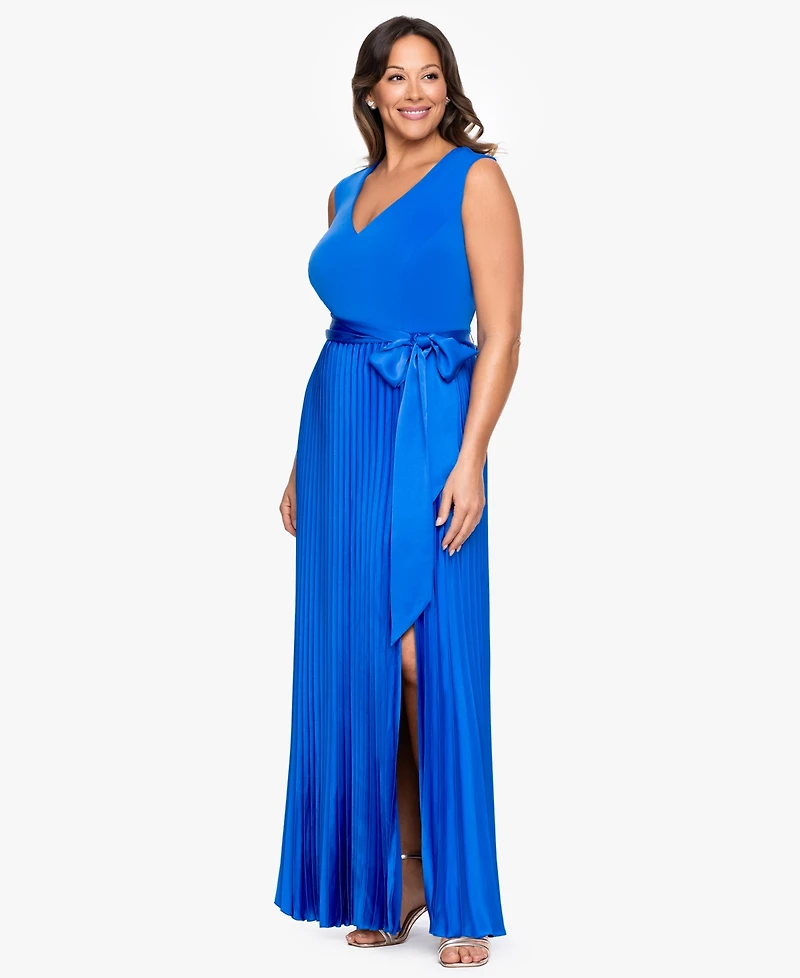 Xscape Plus V-Neck Sleeveless Pleated Gown